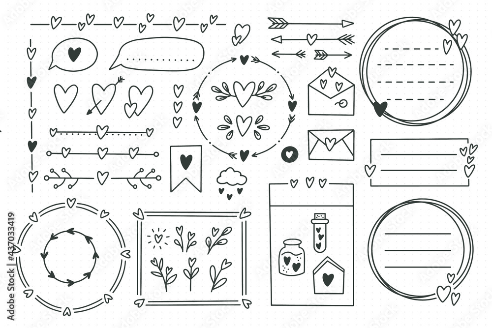 Cute bullet journal element doodles with hearts, love theme.Hand drawn banners and marks for notebook, planner or diary.Frames, borders, vignettes, dividers,notes,lists collection.Vector illustration Cute bullet journal element doodles with hearts, love theme.Hand drawn banners and marks for notebook, planner or diary.Frames, borders, vignettes, dividers,notes,lists collection.Vector illustration