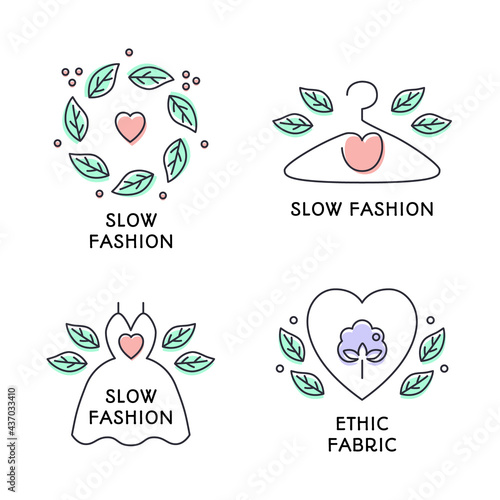 Set of slow fashion concept badges. Hand drawn cute coloured line style. Dress, hanger, heart, leaves wreath symbols. Eco-friendly manufacturing, natural and high quality clothes. Vector illustration