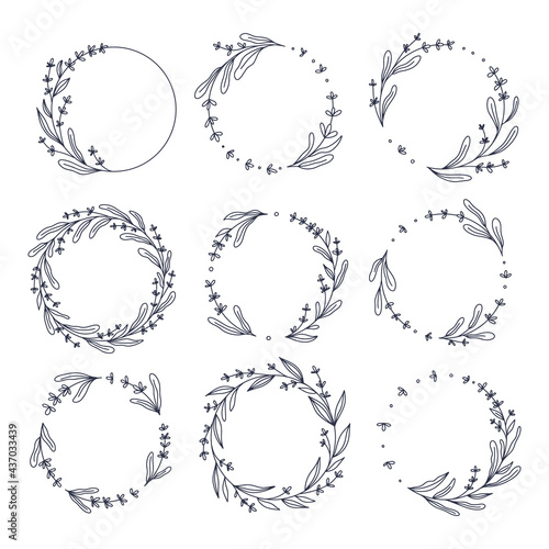Floral lavender wreath collection, hand drawn vector illustration isolated on white. Decorative round frames with flowers and leaves, ink sketch for wedding event invitations.