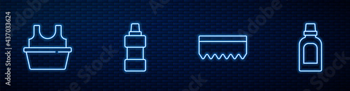 Set line Sponge, Basin with shirt, Bottle for cleaning agent and . Glowing neon icon on brick wall. Vector