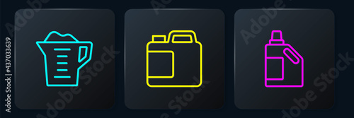 Set line Washing powder, Bottle for cleaning agent and . Black square button. Vector