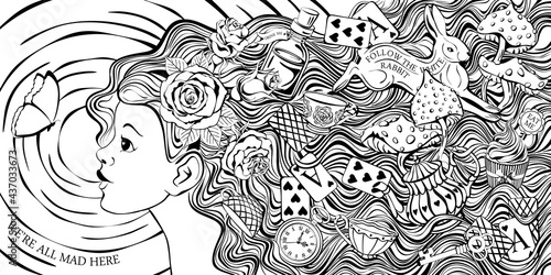 Wonderland banner.  Alice with roses in hair.  Roses, keys and clocks, teapot and cup, white rabbit, poison and cards.  Inscriptions  we're all mad here,  follow the white rabbit