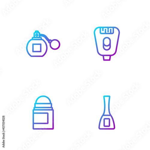 Set line Nail polish bottle, Antiperspirant deodorant roll, Perfume and Epilator. Gradient color icons. Vector