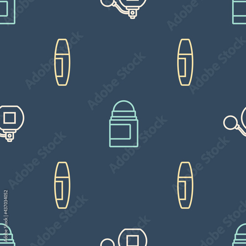Set line Perfume, Mascara brush and Antiperspirant deodorant roll on seamless pattern. Vector