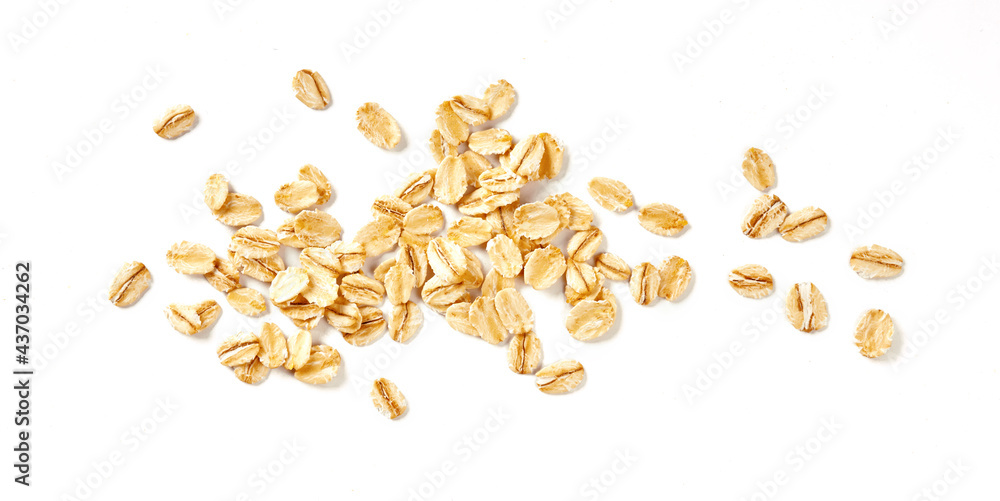 Oat flakes isolated on white background. Flakes for oatmeal and granola. Image of oat flakes for you design.