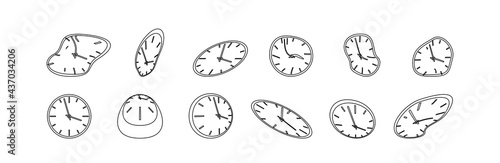 Clock icon set in liquid deformed line Dali style, melting clocks distorted shape, linear collection illustration. photo