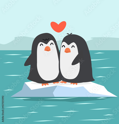 Cute penguins couple with North pole Arctic