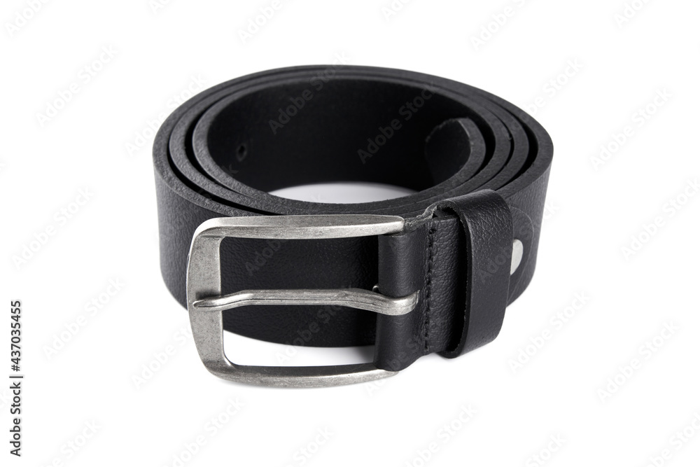 Fastened fashionable men's leather belt with dark matted metal buckle isolated on white background. Black belt for men. Black leather belt for trousers and jeans. Male accessory. Fastened fashionable men's leather belt with dark matted metal buckle isolated on white background. Black belt for men. Black leather belt for trousers and jeans. Male accessory.