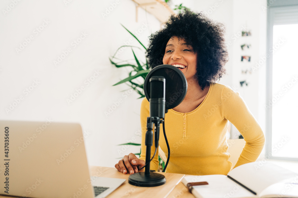 © ADDICTIVE STOCK - Positive young African American woman talking at online radio station