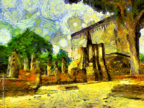 Ancient thai architecture landscape Illustrations creates an impressionist style of painting. © Kittipong