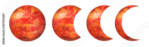  Hand drawn watercolor set of planets of a solar system. Red colored phases of the moon eclipse.