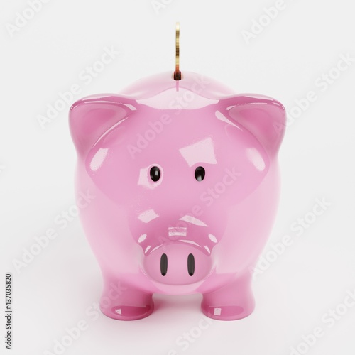 Realistic 3D Render of Piggy Bank with Coin