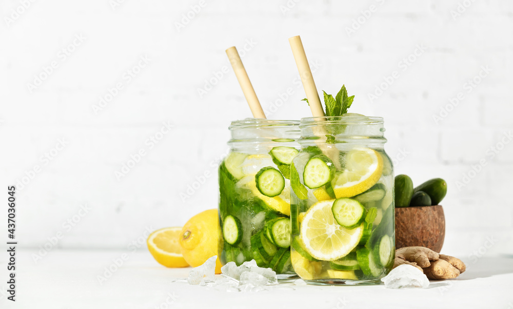 Fototapeta premium Detox infused water. Refreshing homemade cocktails summer drinks, selective focus