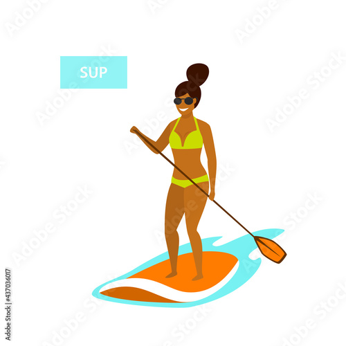 cute girl stand up paddling in the sea isolated vector illustration