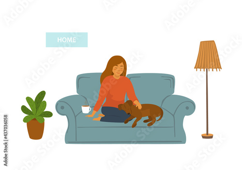 girl with her sleeping dog on sofa at home isolated vector illustration scene