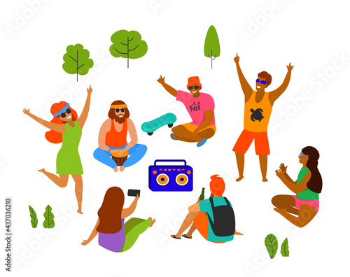 group of young people, men and women celebrating, dancing, party, playing chilling in the park isolated vector illustration scene
