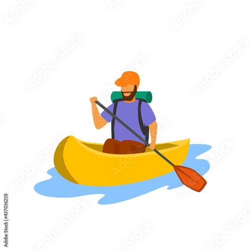 young man traveling paddling canoe isolated vector illustration