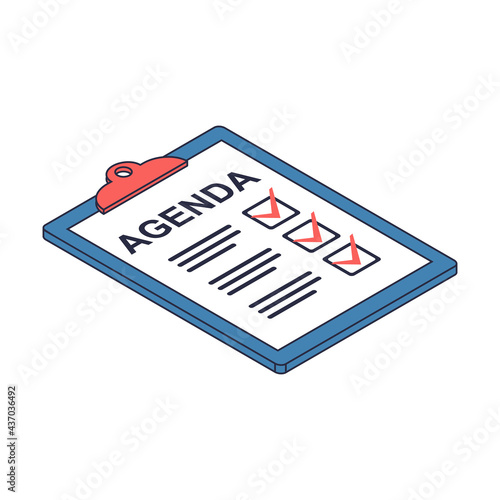 Clipboard agenda. Monitoring time stopwatch. Pencil for report. Vector illustration isometric design. Isolated on background. White sheets with marks.