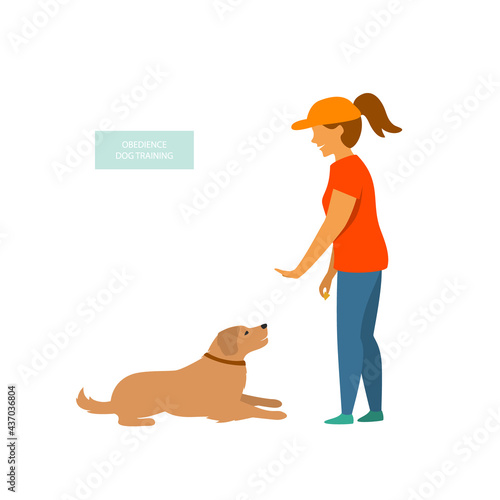 woman training a dog basic commands isolated vector illustration