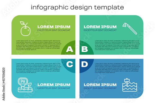 Set line Soil ph testing, Apple, Garden bed and hoe. Business infographic template. Vector