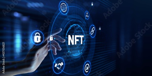 NFT Non-fungible token digital crypto art blockchain technology concept. Hand pressing button on screen.