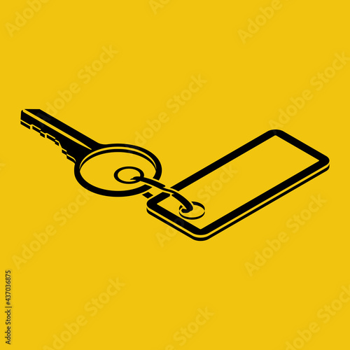 House key with trinket house-shaped. Rental estate. Sale property template. Vector illustration flat design. Tag as a house. Black silhouette isolated on yellow background.