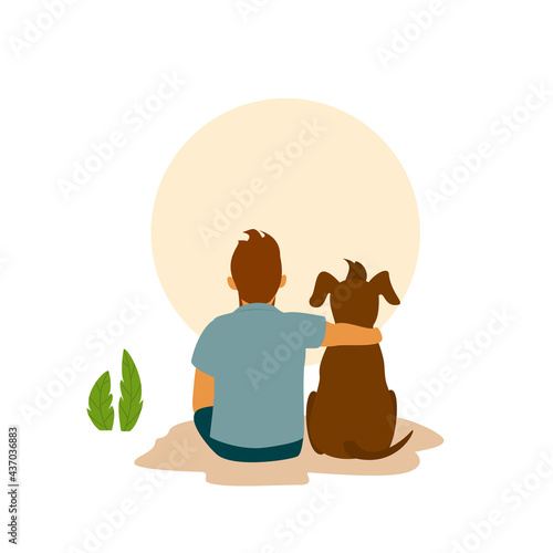 man and his best friend dog cuddle hug, backside view cute cartoon vector illustration scene