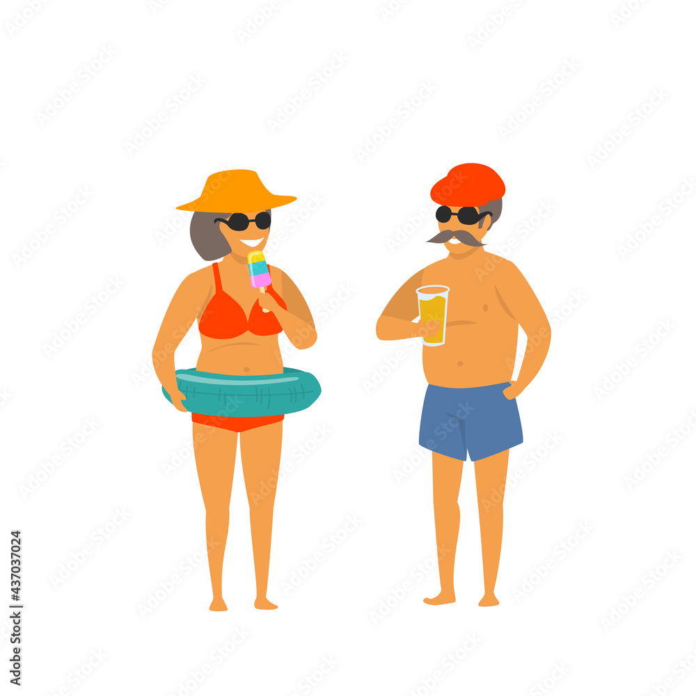 cartoon mature fun couple on vacation  isolated vector illustration graphic scene