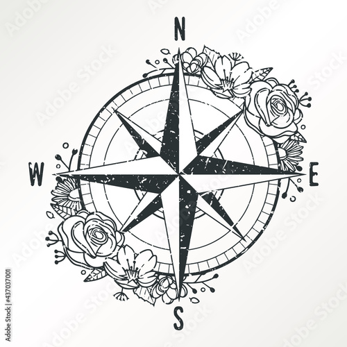 Compass Travel Star Rose Flower with Vintage object Design. Floral frame Ornament vector style. Decoration Design illustration.