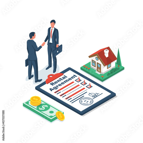 Rental agreement. Real estate contract. Human signs a document. Rental and selling real estate. Vector illustration isometric design. Isolated on background. Private house, stack of money and keys.