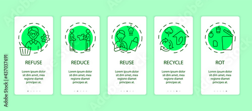 Zero waste grreen app page screen with concepts. Refuse, reduce, reuse, recycle, rot ideas