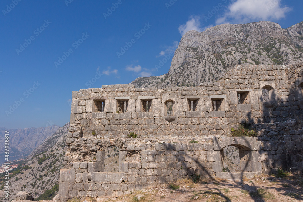 View of the ancient walls of the Castle Of San Giovanni , near the town of Kotor. Montenegro 