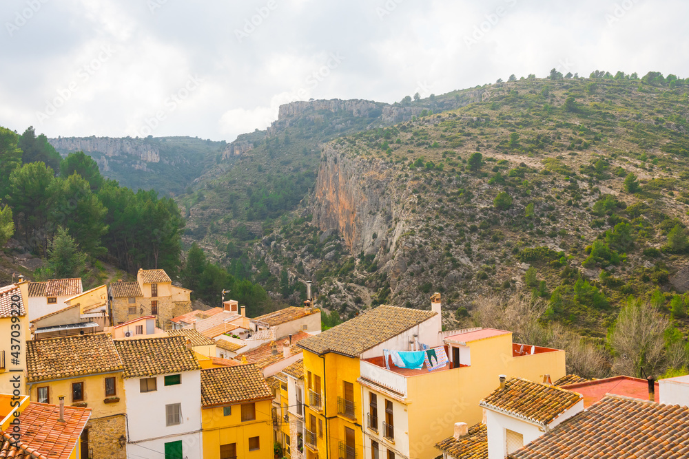 Jérica, Alto Palancia, Castellon province, Valencian Community, Spain. Beautiful view of the historic town surrounded by mountains and forests.