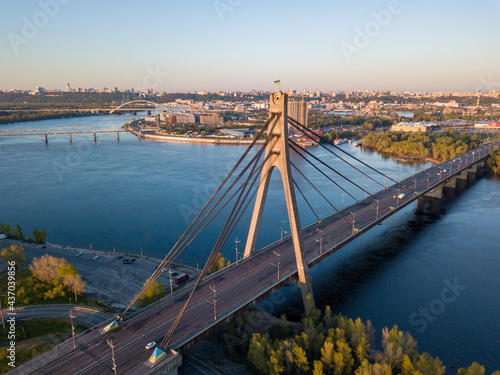 North bridge in Kiev at dawn. Aerial drone view.