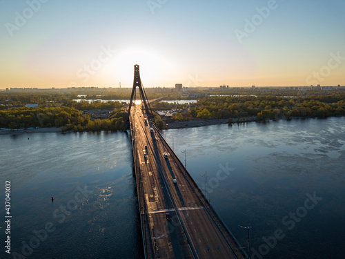 North bridge in Kiev at dawn. Aerial drone view. © Sergey