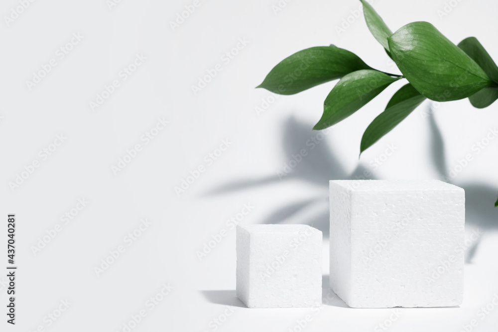 White porous cube, square podium with leaves and shadows on a white gray background. Conceptual scene, showcase for a new product, presentation, sale, advertisement, banner, cosmetics. With copy space White porous cube, square podium with leaves and shadows on a white gray background. Conceptual scene, showcase for a new product, presentation, sale, advertisement, banner, cosmetics. With copy space