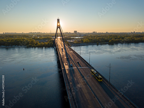 North bridge in Kiev at dawn. Aerial drone view. © Sergey