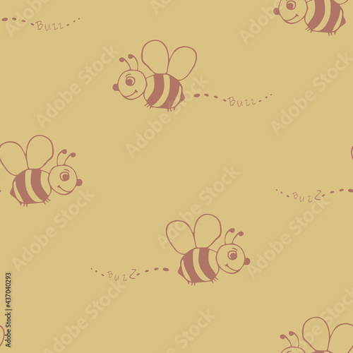 Seamless vector pattern with happy bees on yellow background. Simple cute bumblebee wallpaper design for children. Decorative summer fashion textile.