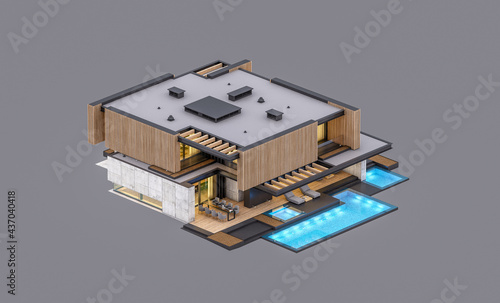 3d rendering of modern cozy house with parking and pool for sale or rent with wood plank facade in evening. Isolated on gray