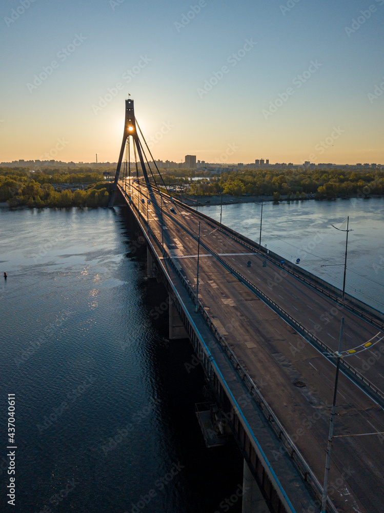 North bridge in Kiev at dawn. Aerial drone view.