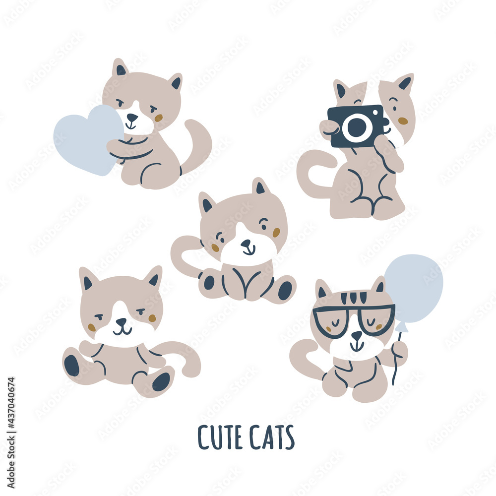 Vector set with cute cats characters isolated on white. Simple minimalistic cute cats in cartoon style. Cat with heart, cat with photo camera, cat in eye gasses with air ballon.