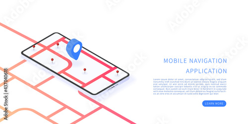 Mobile navigation application in isometric vector illustration. Map on mobile application. Vector illustration.