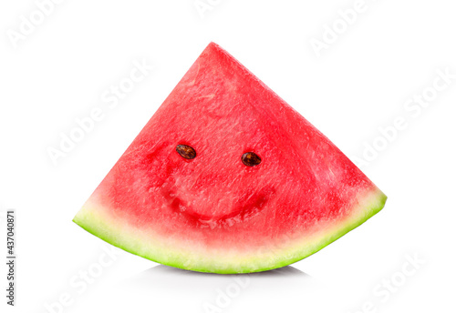 Ripe juicy watermelon piece with funny face isolated on white background.