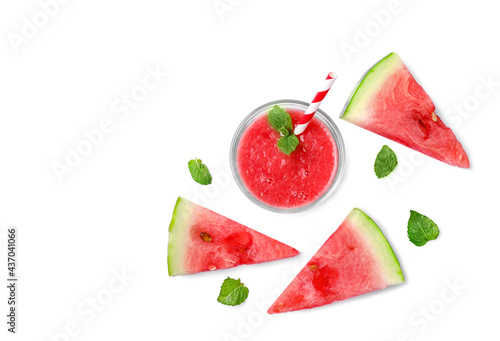 Fresh tasty watermelon smoothie in glass with straw isolated on white background. Top view. Copy space.