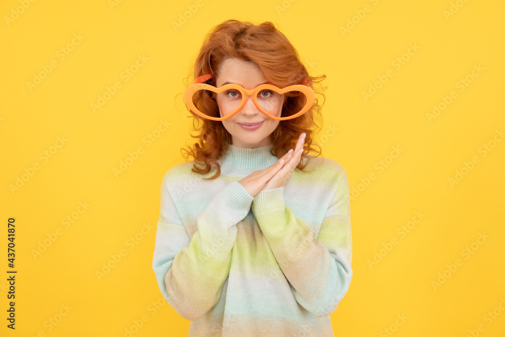 happy redhead woman wear funny party glasses on yellow background, positivity happy redhead woman wear funny party glasses on yellow background, positivity