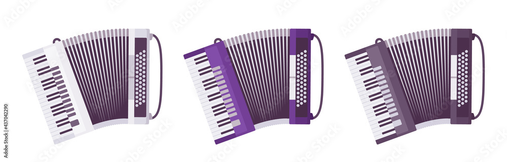 Piano accordion, musical instrument for performances of classical, jazz music. Song accompaniment, entertainment. Vector flat style cartoon illustration isolated on white background, different colors Piano accordion, musical instrument for performances of classical, jazz music. Song accompaniment, entertainment. Vector flat style cartoon illustration isolated on white background, different colors