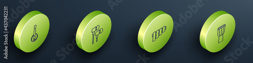 Set Isometric line Banjo, Air headphones, Pan flute and Drum icon. Vector