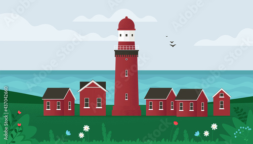 Lighthouse on seashore. Small old buildings and lighthouse on Island seaside. Coastline landscape with beacon. Vector illustration in flat style