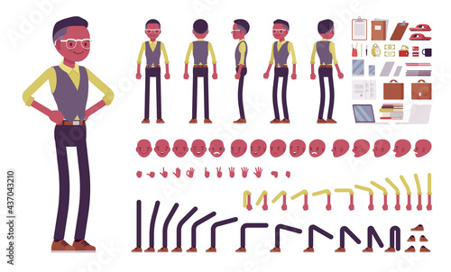 Black businessman, man in formal workwear, office outfit construction set. Manager, young handsome entrepreneur executive, or owner. Cartoon flat style infographic illustration, different emotions