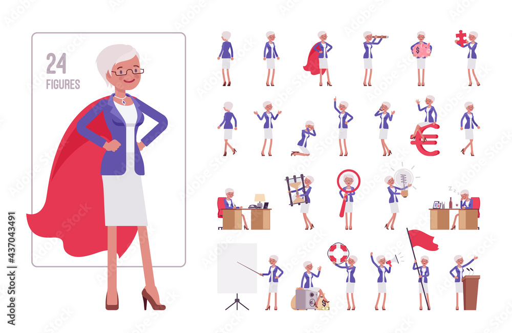 Attractive old woman, elderly businesswoman character set, pose sequences. Bossy senior manager, gray active person above 50 year, employee. Full length, different views, gestures, emotions, position